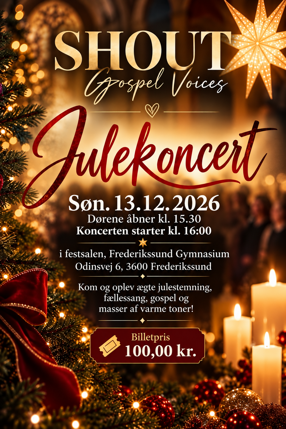 🎄✨ SHOUT Gospel Voices inviterer til julekoncert! ✨🎶Kom og oplev ægte julestemning, fællessang, gospel og masser af varme toner! ❤️📅 Søndag den 13. december 2026🚪 Dørene åbner kl. 15.30🎶 Koncertstart kl. 16.00📍 Frederikssund Gymnasium, festsalenOdinsvej 6, 3600 Frederikssund🎟️ Billetpris: 100 kr.👉 Køb dine billetter her:https://shout.nemtilmeld.dk/24/Vi glæder os til at synge julen ind sammen med jer! ❤️🎄🎶